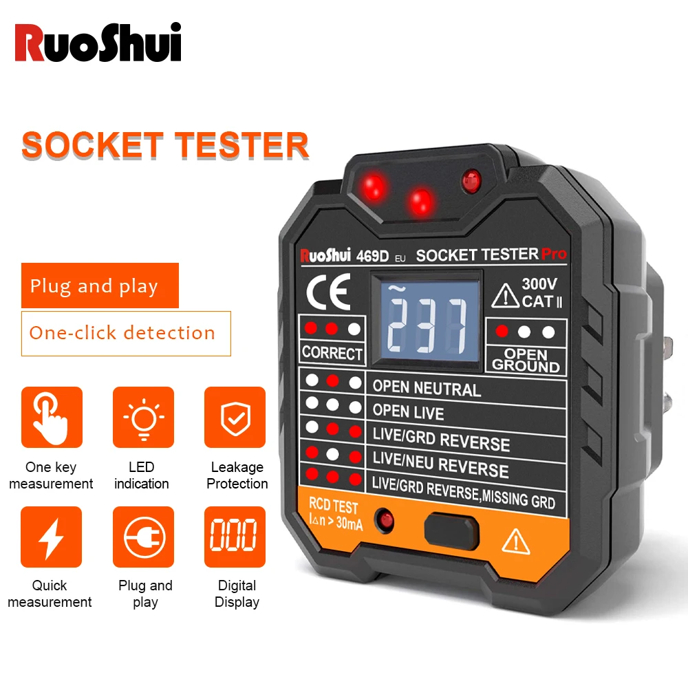 

RuoShui 469 Socket Tester Pro Voltage Ground Zero Detector EU US Plug Breaker Electric Leakage Finder Test Polarity Phase Check