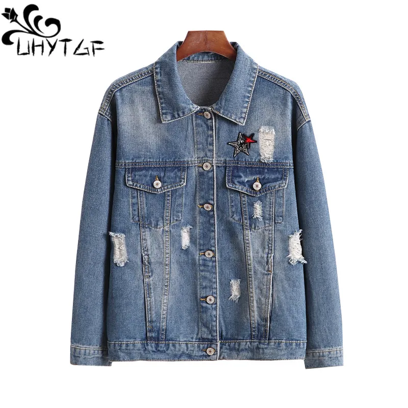 

UHYTGF Spring Autumn Denim Jacket Hole Print Short Outerwear Korean 5XL Loose Size Jans Coats Women Tops Chaquetas Mujer 229