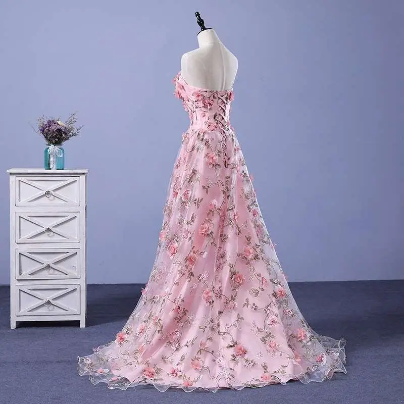 Pink Party Dresses Lace Appliqued Flowers Floor Length Sweep Train for Elegant Backless Off Shoulder Woman Prom Dresses 2021