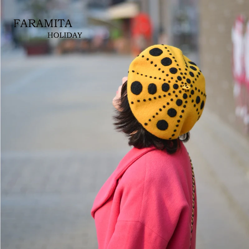 

Faramita Holiday Yayoi Kusama's Yellow Pumpkin Girls Wave Point Vintage Berets Wool Felt Hand Made Women Hat Personality Female