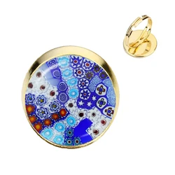 Murano millefiori-色とりどりの花が付いた調節可能なガラスカボションリング,16mm,女性と男性のためのジュエリー,ギフト,卸売