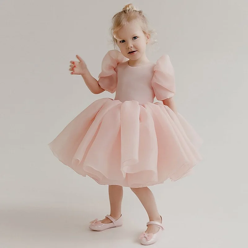 Fashion Girl Princess Vintage Dress Tulle Child Vestido Puff Sleeve Pink Wedding Party Birthday Tutu Dress Child Clothes 1-14Y