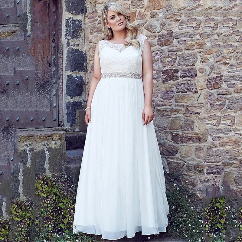 Abito da sposa classico taglie forti cintura di perline di pizzo maniche A cappuccio su misura scollo tondo una linea Chiffon spiaggia abiti da sposa semplici