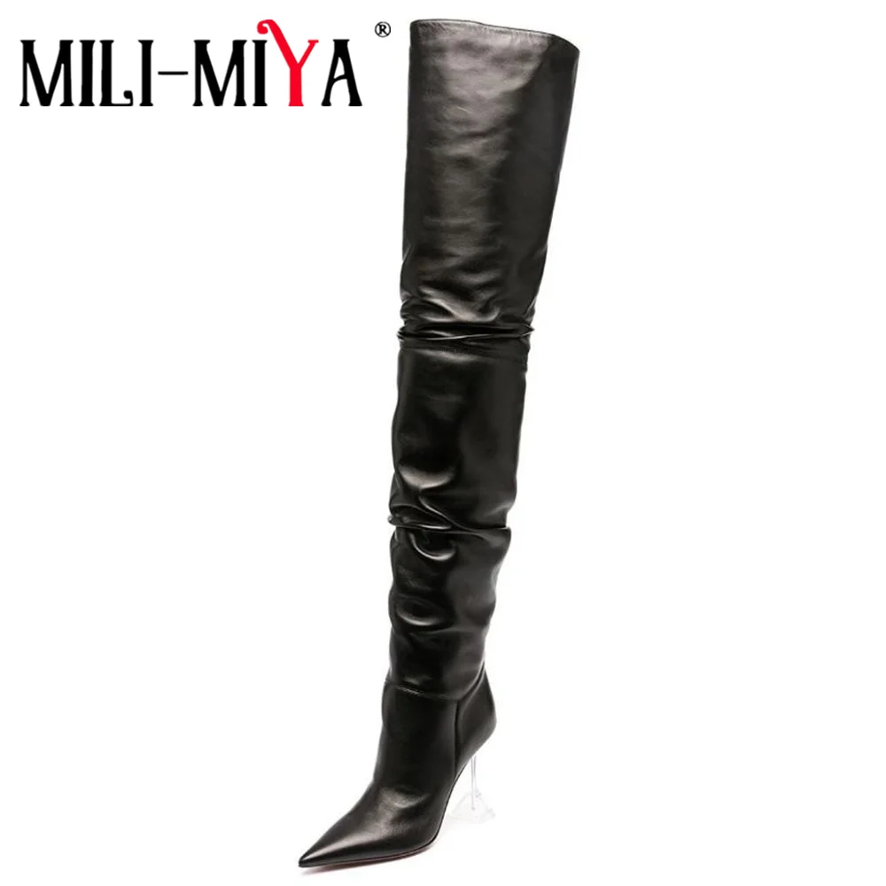 

MILI-MIYA Sexy Pointed Toe Clear Strange Style Heel Over Knee Boots Fashion Zip Pleated Soft Leather Solid Color Celebrity Shoes