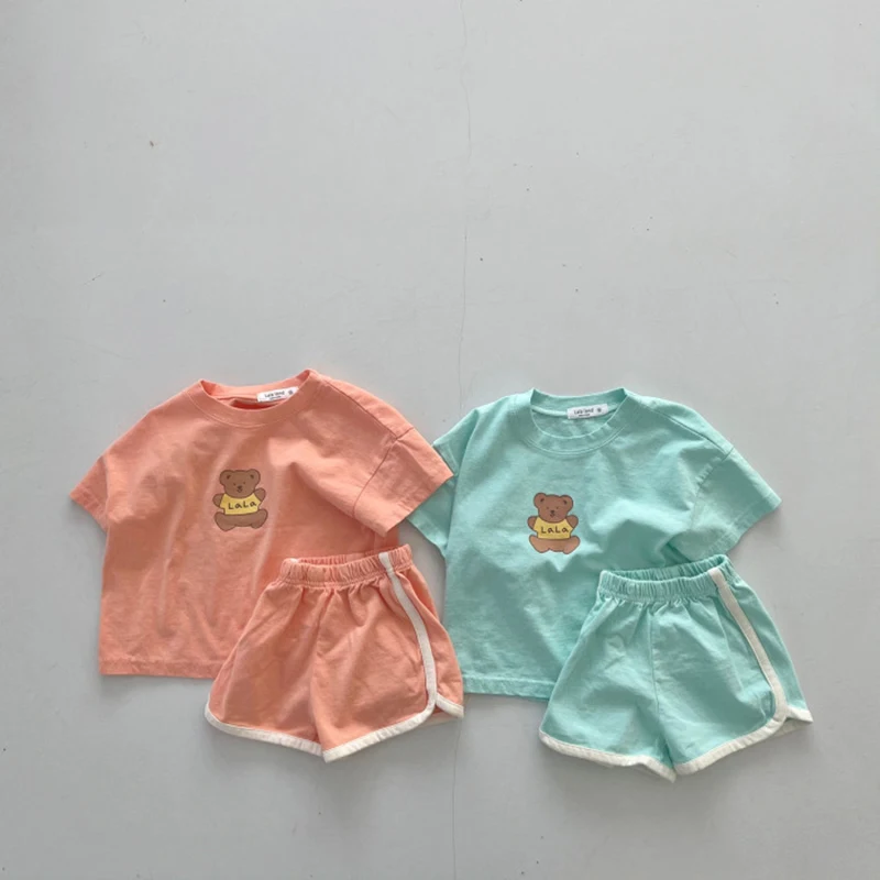 

MILANCEL Summer Baby Suit Cute Bear Tees and Solid Loose Shorts Gitls 2Pcs Korean Casul Infant Sets Cotton Toddler Clothes