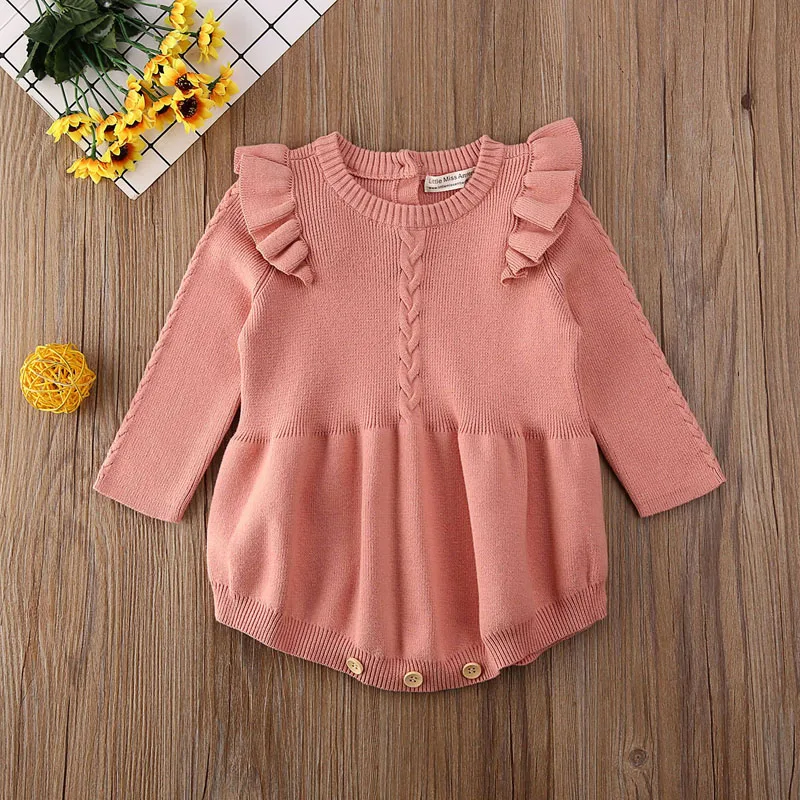 lioraitiin 0-3Years Infant Toddler Baby Girl Warm Bodysuit Long Sleeve Knitting Solid Soft Jumpsuit Girl Autumn Clothes