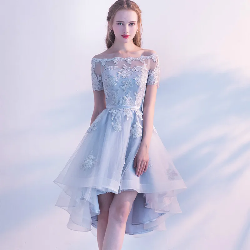 Skyyue Prom Dresses Off Shoulder Lace Solid Sexy Prom Dress Boat Neck A-Line Embroidery Short Sleeve Prom Dresses 2019 LX454