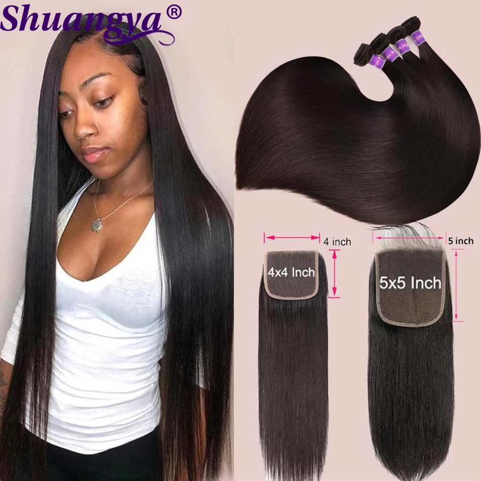 

Shuangya Hair Brazilian Bone Straight Bundles With Frontal Remy Human Hair Bundles With 4X4 5X5 Lace Closure Natural Black