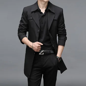 Men's Long Button Trench Coat 6 Men Long Trench Coats Hight Quality Button Windbreaker Mens Fashion Turn Down Collar Solid Trench Outerwear Jackets Plus Size 6