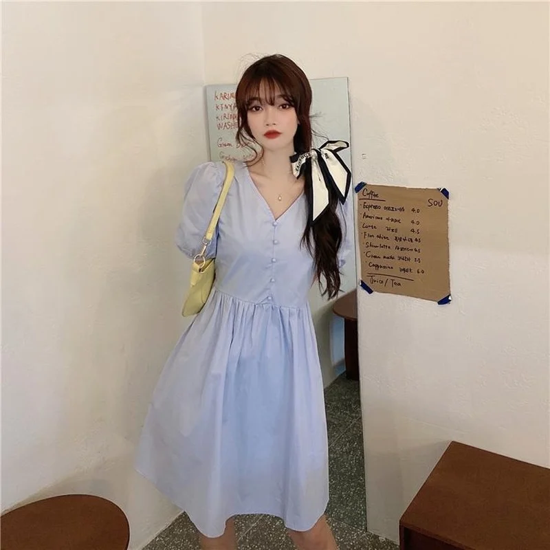 Solid Dresses Women V-Neck Short Puff Sleeve Above Knee Leisure Baggy All-match Summer Student Sweet  New Feminino Vestidos