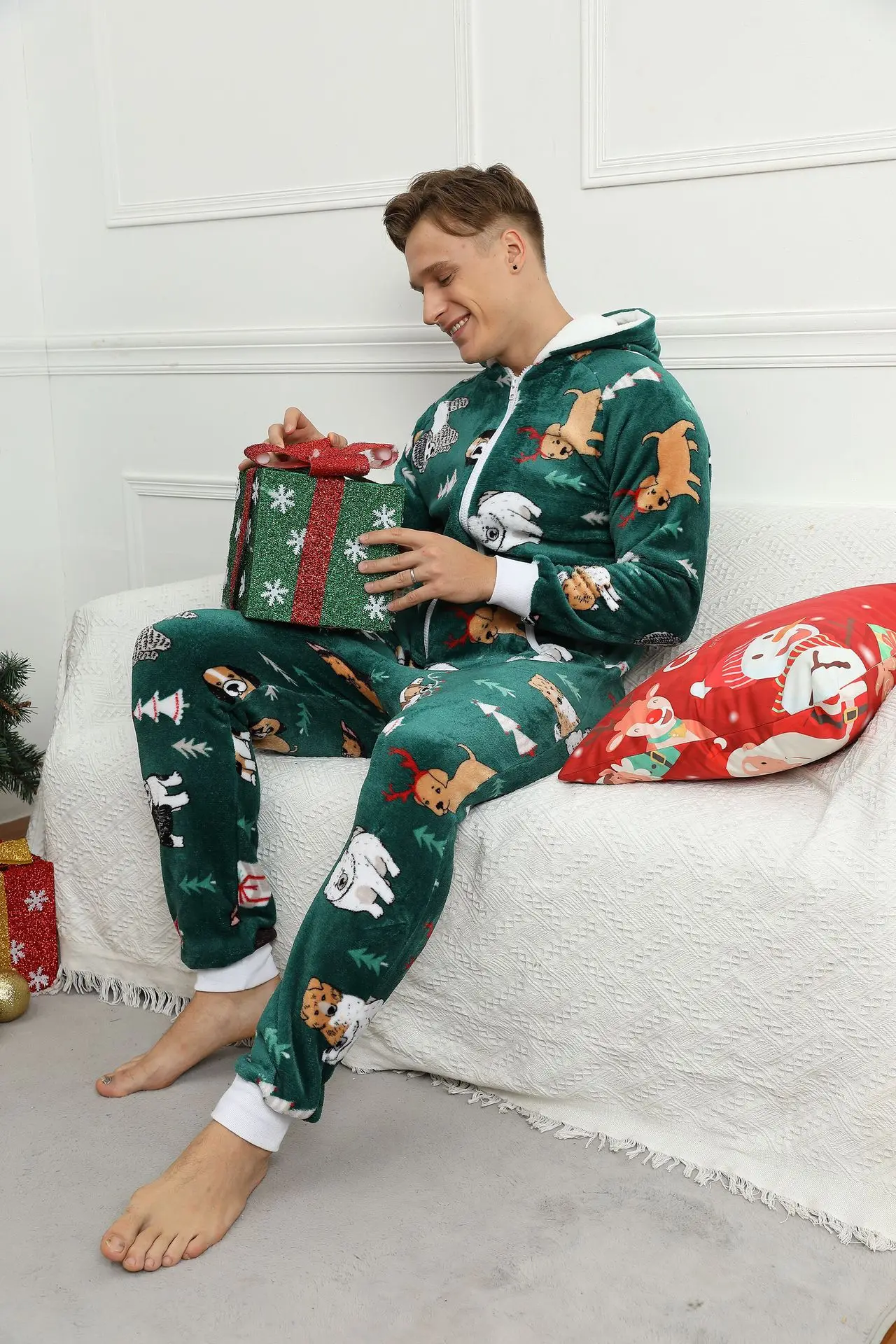 Pijama navideño de franela para hombre, ropa de dormir cálida y suave, mono de manga larga, Invierno