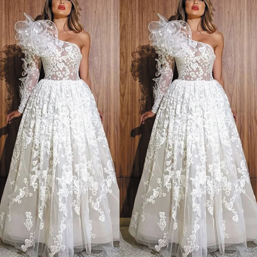 SuperKimJo Arabisch Prom Kleider Lange Spitze Applique Eine Schulter Elfenbein Elegante Luxus Abendkleider Robe De Soiree 2021