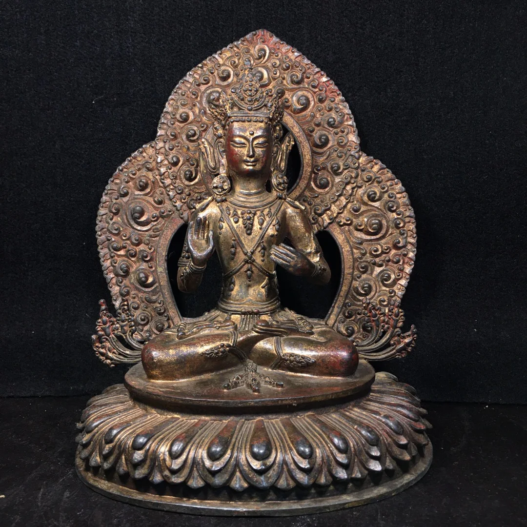 

10"Tibetan Temple Collection Old Bronze Lacquer Back light Bright Buddha Amitabha Sitting Buddha Ornaments Town House