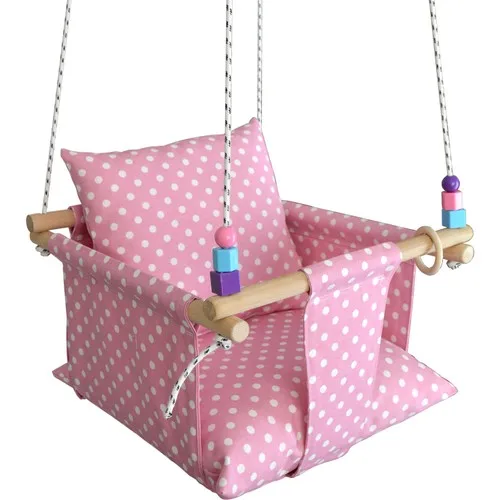 Berra Life Polka Dot Natural Wooden Child Hammock Type Swing-Pink