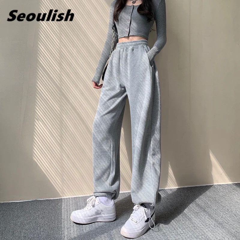 

Casual Women's Sweatpants High Waist Lace Up Loose Straight Joggers Trousers Streetwear Female Pants Pockets 2021 New Spring