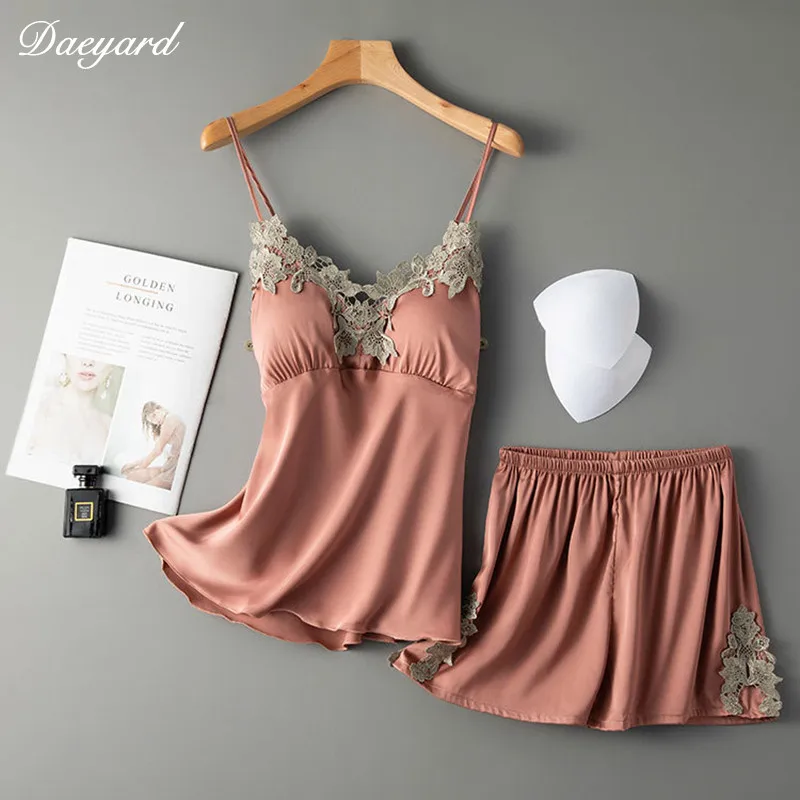 Daeyard New Sexy 2 Pieces Women Pajamas Sets Sling Silk Nightwear Summer Elegant Lace Pajamas Shorts Set Sleepwear Home Wear