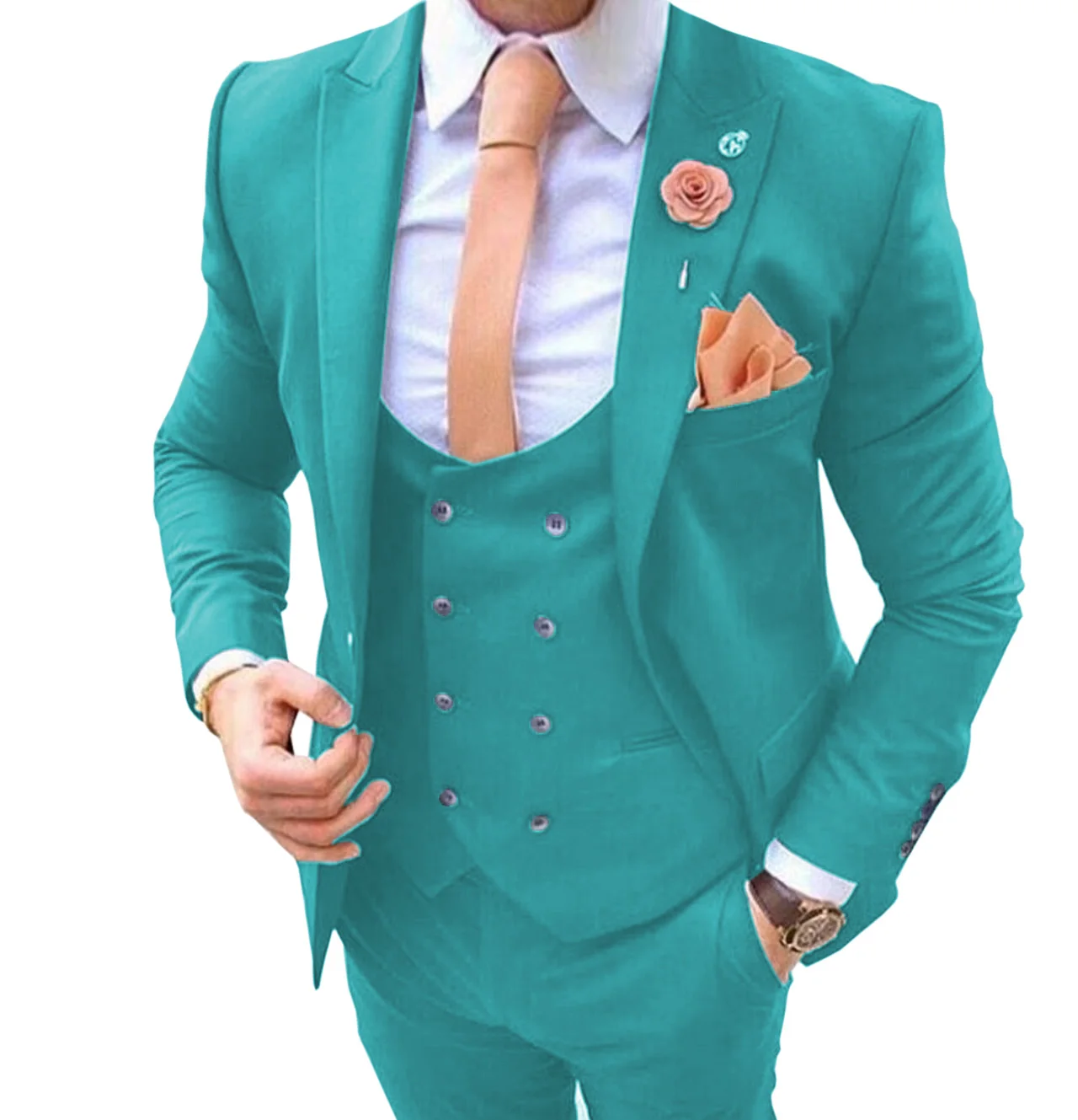 Casual Men\'s Suits Slim Fit 3 Pieces Wedding Groom Tuxedos Blazer Tux Vest Trousers Prom Suit Turquoise 2023 New