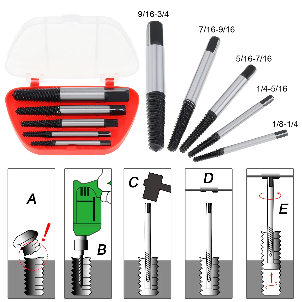 5pcs/lot High Carbon Steel Damaged Screw Extractor Easy Out Set Drill Bits Broken Bolt Stud Remover Tools with Plastic Box