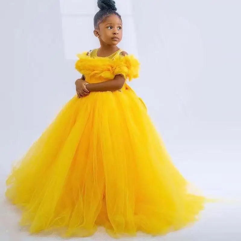 

New Customized Flower Girl Dress Sheer Neck Fluffy Kid Princess Birthday Dress Photography Kid Size 1-14Y