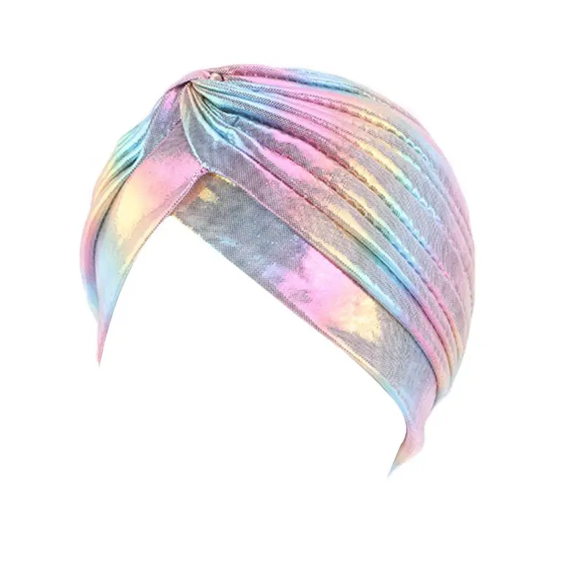 Women Rainbow Metallic Turban Hat Twisted Pleated Headwrap Glitter Hair Loss Cap A0NF