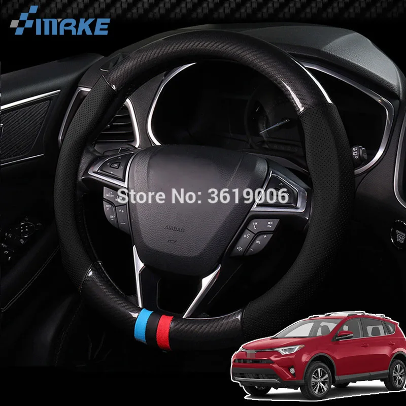 smRKE For Toyota RAV4 Steering Wheel Cover Anti-Slip Carbon Fiber Top PVC Leather Sport Style