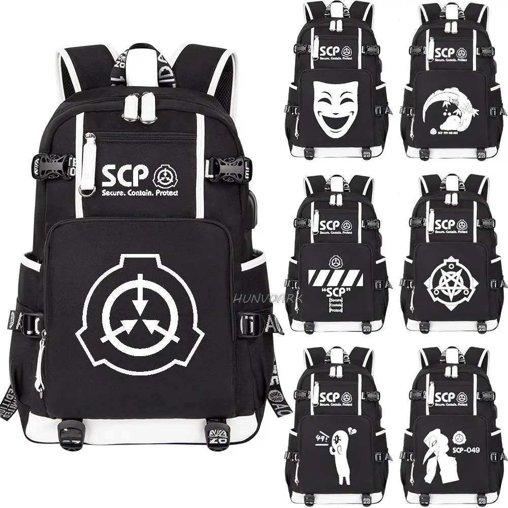 SCP Foundation Backpack Black Bookbag Cartoon School Bags for Teenage Kids SCP Travel Bagpack USB Laptop Shoulder Bags