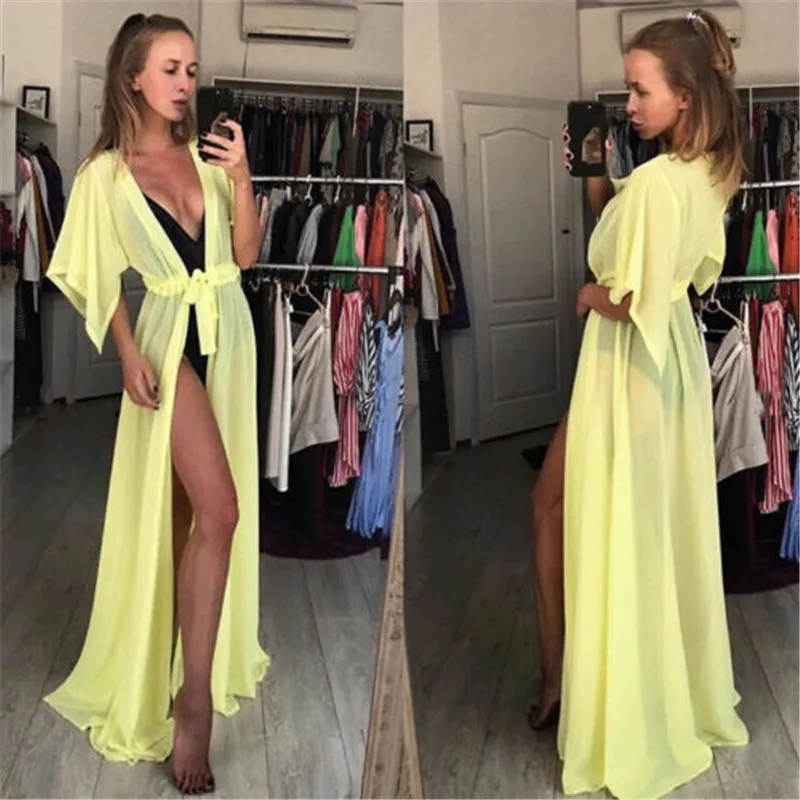 Vestido largo de gasa para mujer, traje de baño Sexy, Túnica de playa, caftán