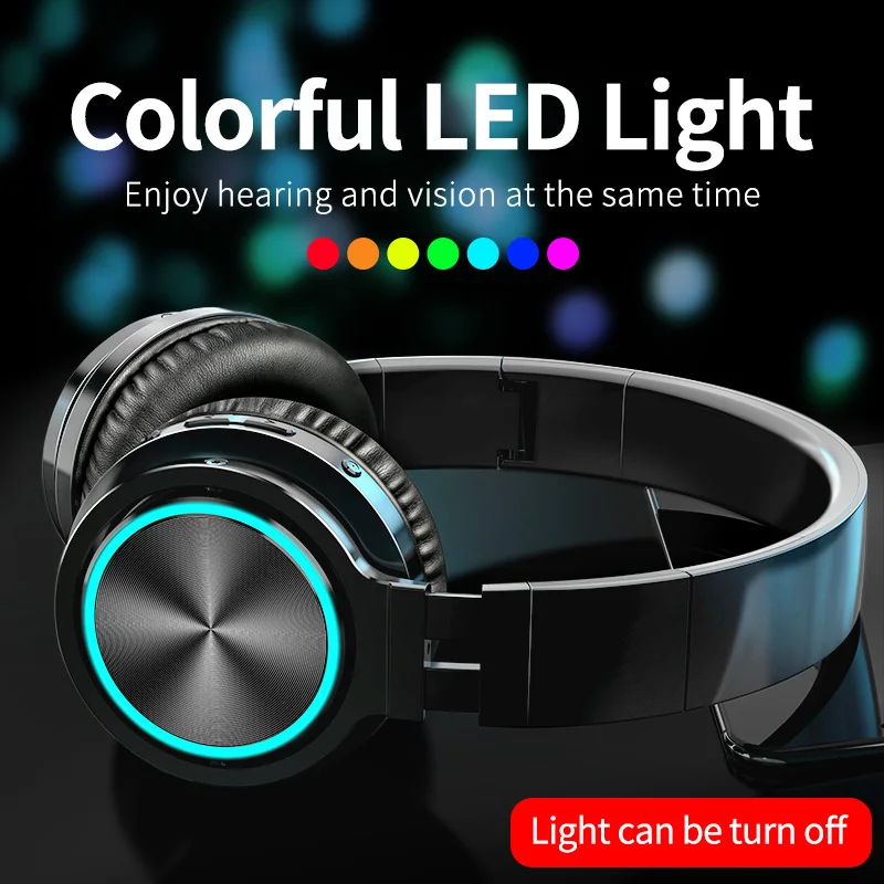 Picun B12 Wireless Headphones Bluetooth 5.0 Headphone with 7 Color Led Light 36H Play time Supoort TF card Headset for phone Pc