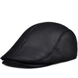 Winter Genuine Leather Beret Hat Men's Korean Light Warm Real Leather Fur One Cap Male Hand-sewn Shearing Boina With Ear Tab