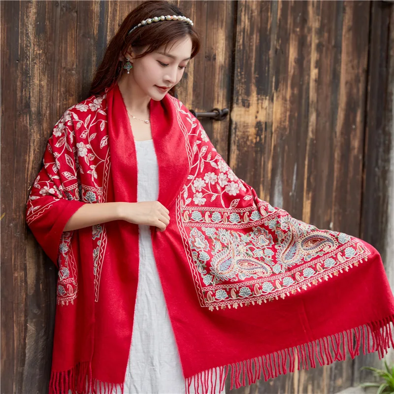 2021 Winter Scarf Women Embroidered Scarf Pashmina Cashmere Warm Tassels Scarves Vintage Shawl Fashion Travel Shawl