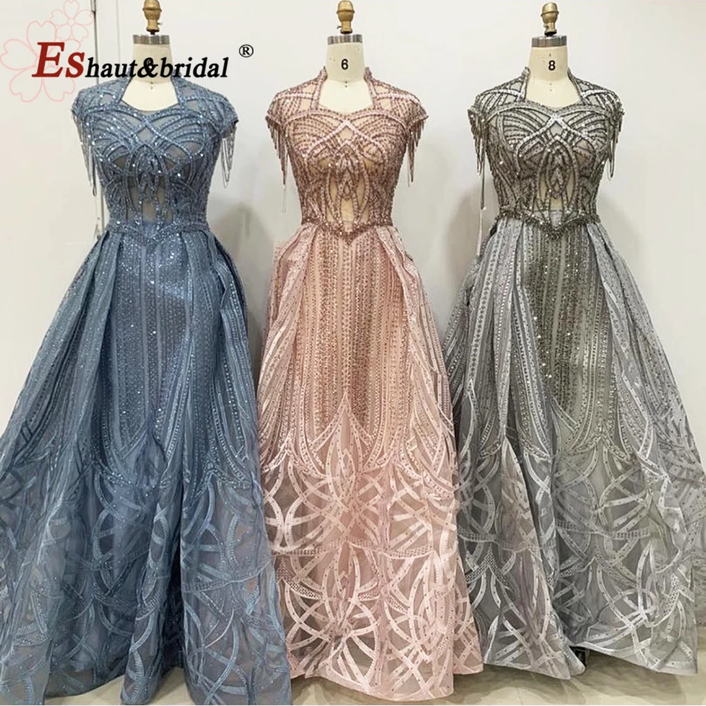 Elegant Dubai Lace Evening Night Dress for Women 2023 High Neck Sleeveless Aline Crystal Handmade Formal Wedding Prom Party Gown