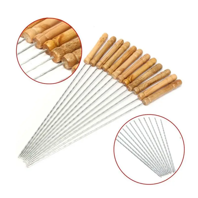 12pcs/set Reusable BBQ Skewers With Wooden Handle 30CM Barbecue Needle Wood Stainless Steel Flattened Rounded Sign Optional Meat