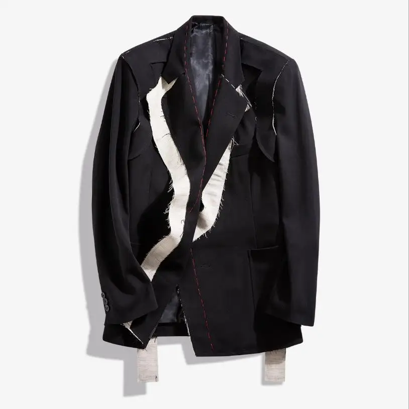 Early spring new lapel open-line decoration with contrast stitching Blazer female black and white raw edge blazer F1194