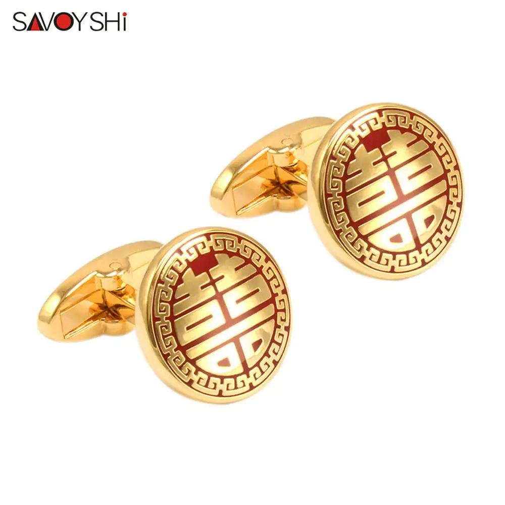 

SAVOYSHI Luxury Wedding Gift Cufflinks For Mens Shirt Cuff Buttons Round Red Enamel Cuff links Grooms Jewelry