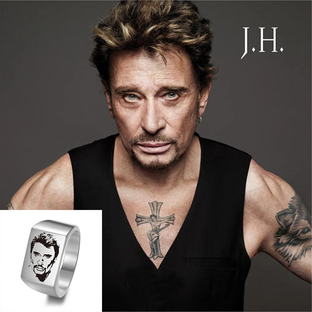 Personalized French ROCK Star Johnny Hallyday Photo Engraved Stainless Steel Ring for Fans Anniversary Ring Gift for Men SL-101