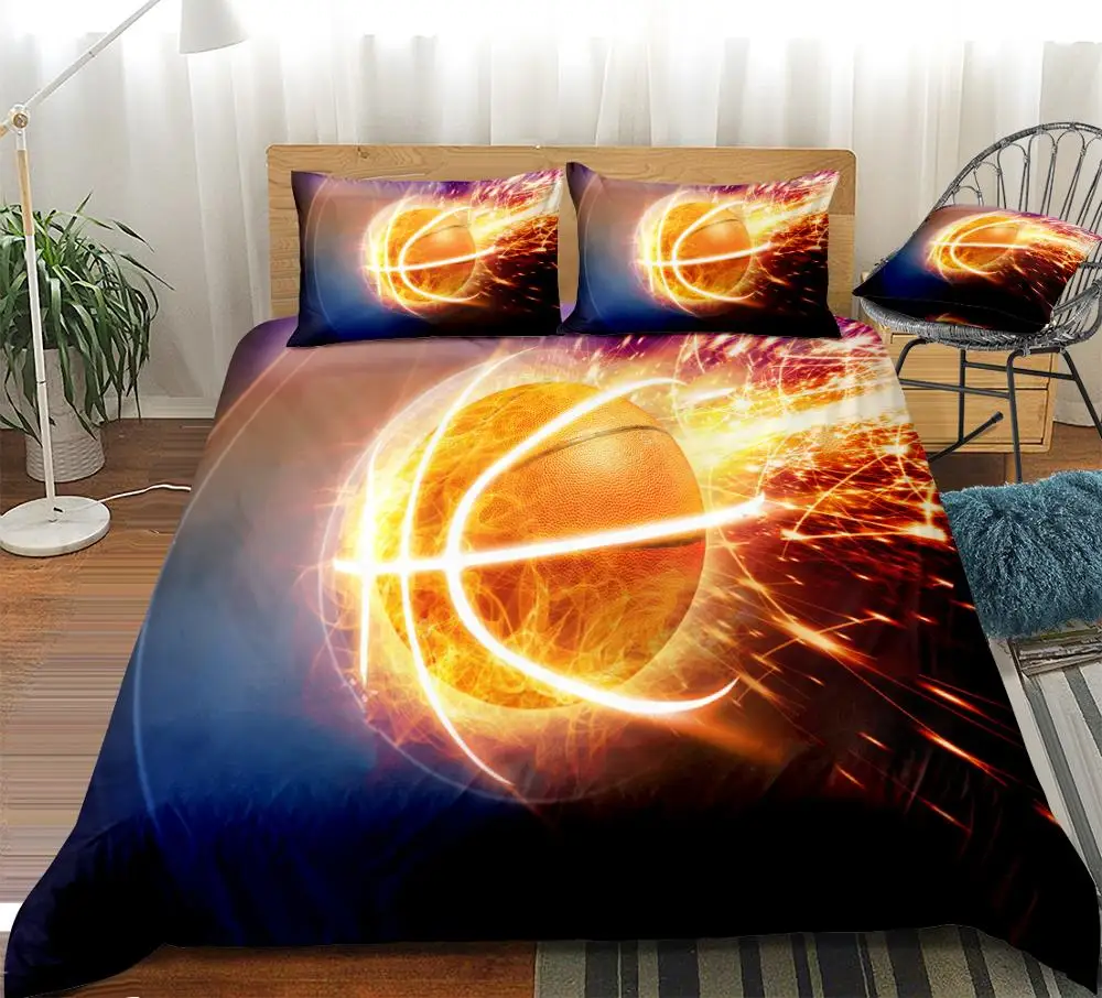 Fire Basketball Bedding Set Sports Bed Linen Basketball Court Duvet Cover Set Sports Bedding Set Boys Teen Home Textile