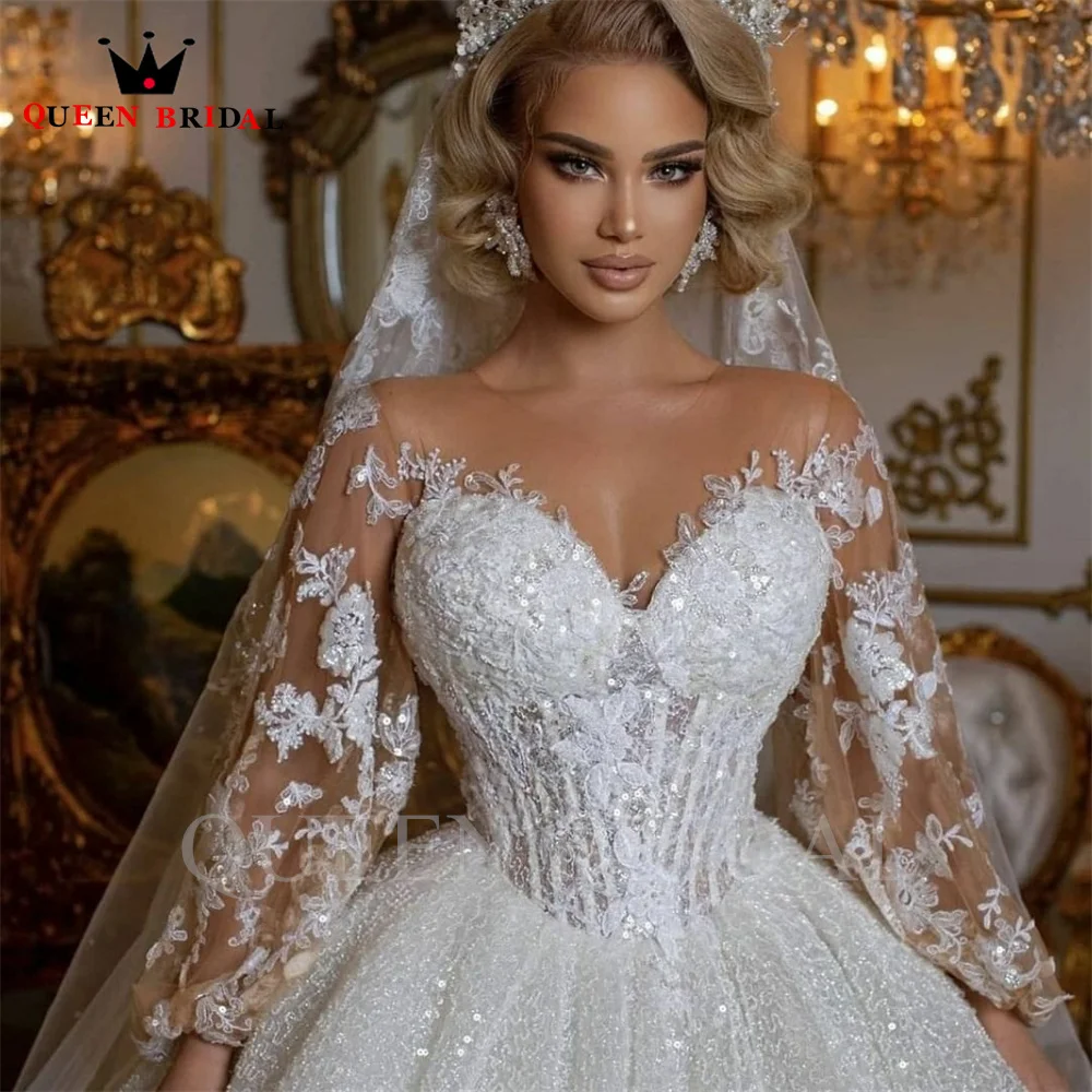 Abiti da sposa di lusso Dubai abito da ballo manica lunga Bling Bling pizzo paillettes Appliques 2023 abito da sposa formale su misura JT35