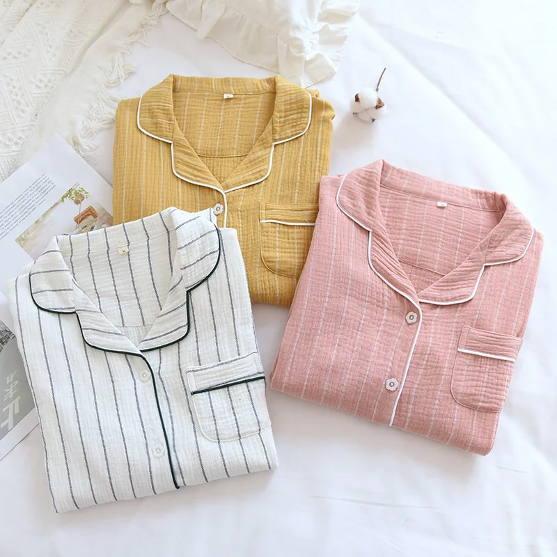 Summer Ladies Cotton Nightgowns Long-sleeved Simple Plus Size Sleepwear Double-layered Gauze Sleeping Dress Striped Sleep Tops