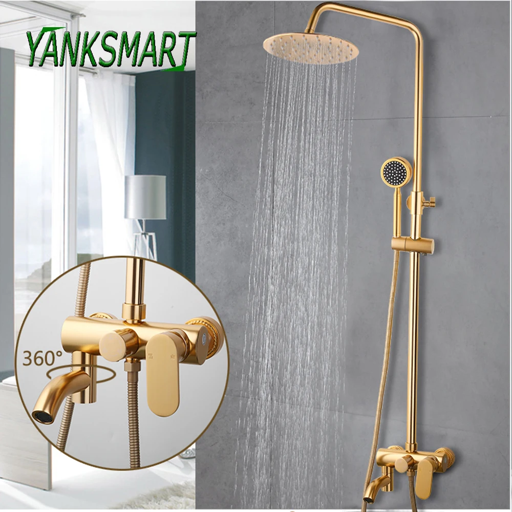 

YANKSAMRT Brushed Gold Bathroom Rainfall Shower Faucet Set Wall Mounted Single Handle With Hand Shower Bathtub Taps Mixer Tap