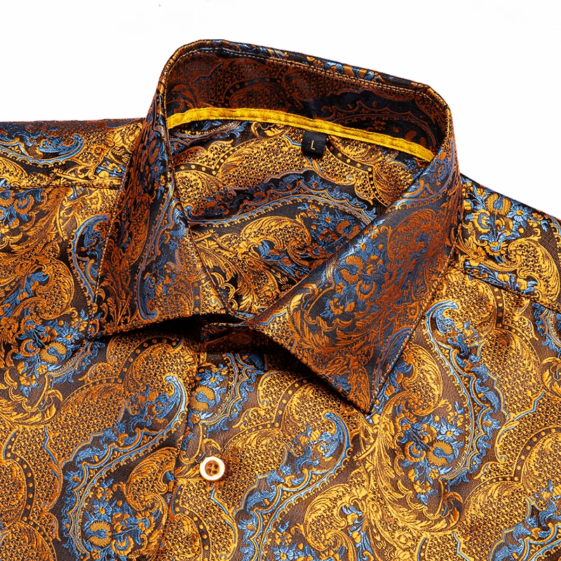 Hi-Tie 100% Silk Luxury Black Gold Embroidery Paisley Dress Shirt Men Long Sleeve Men\'s Casual Button-Down Shirts Outwear Gift