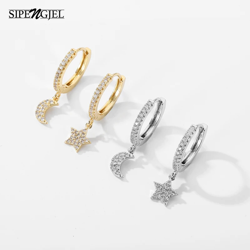 SIPENGJEL Fashion Shiny Zircon Huggie Hoop Earrings Classic Geometric Moon And Star Pendant Hoop Earrings For Women Jewelry Gift