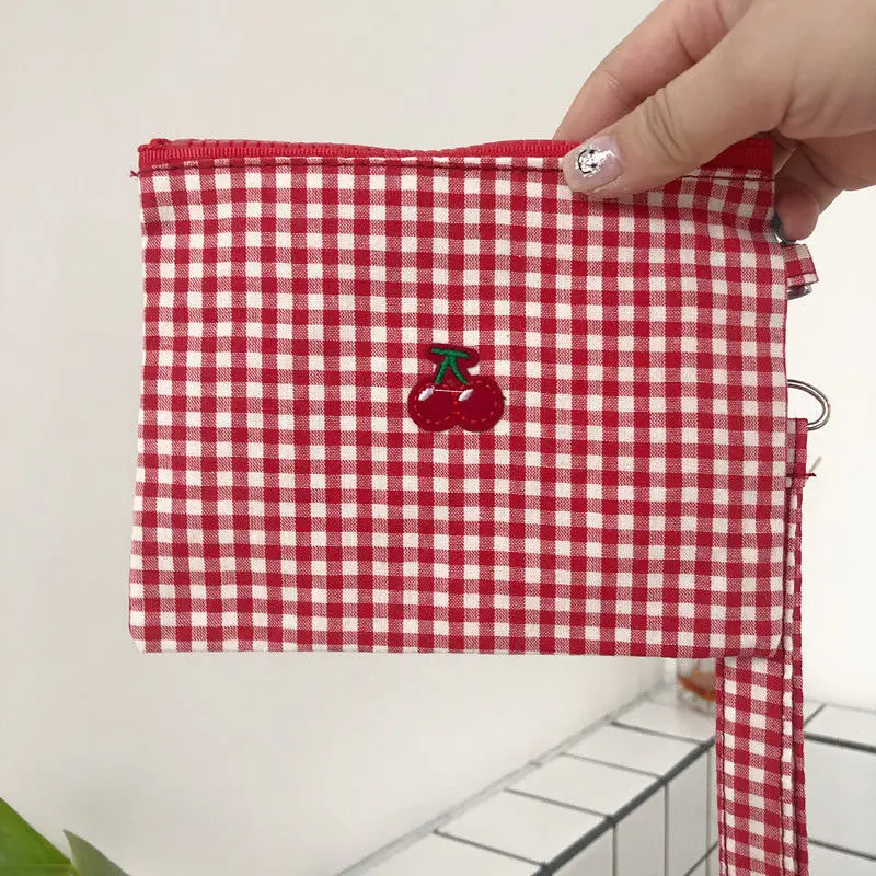 Coin Purses Plaid Cherry Embroidery Canvas Bag Kawaii Wallet Pan Purse Zipper Simple Travel Storage Chic Fashion Ins Harajuku