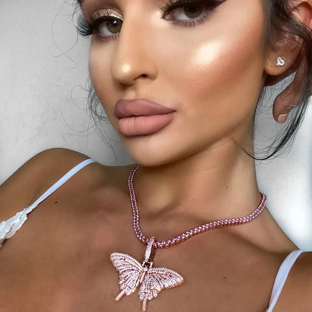 

HIBRIDE Лидер продаж Bling Out розовое теннисное ожерелье с бабочкой и льдом, подвеска с фианитом для женщин, аксессуары для вечеринок, ювелирные изделия в стиле хип-хоп P38