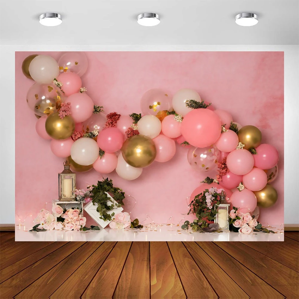 Fotografi Latar Belakang Gadis Putri Kue Ulang Tahun Pertama Sukses Balon Merah Muda Bunga Potret Foto Latar Belakang Studio Foto