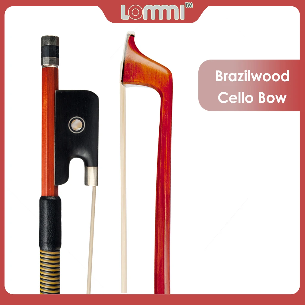 LOMMI Professional Brazilwood Stick 4/4 Cello Bow White Horsehair Plastic Wrap Sheep Skin Grip Ebony Frog w/Parisian Eye Inlay