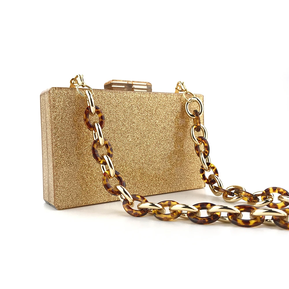 LuxEcho 2020 new Dinner Bag acrylic gold powder Sequin bag hard box women bag messenger chain