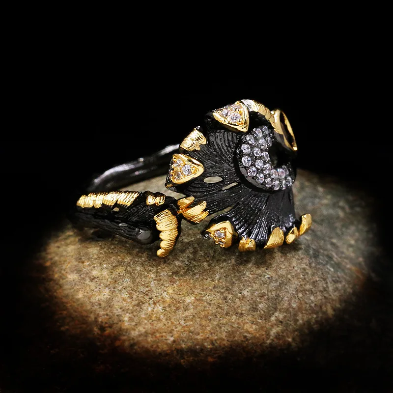 Retro Ethnic Leaves Winding Irregular Black Translucent Crystal Ring Luxury Exaggerated 925 Jewelry Wedding Ring