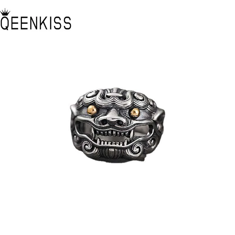 

QEENKISS RG6659Fine Jewelry Wholesale Fashion Single Male Man irthday Wedding Gift Retro Lion Head 925 Sterling Silver Open Ring