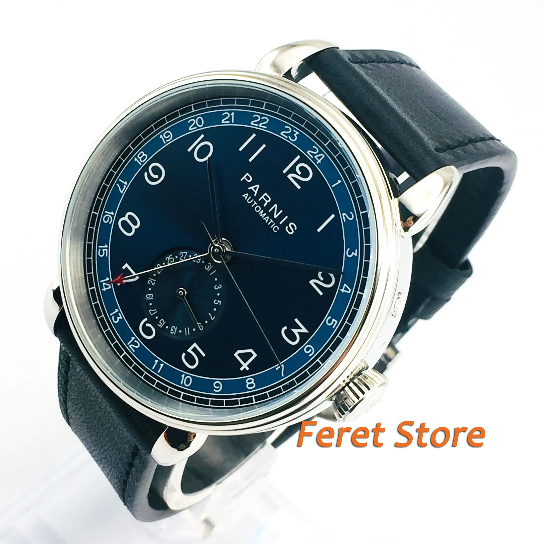 

New 42mm Parnis silver case blue dial GMT arab mark date window leather strap mens top leisure automatic mechanical man watch