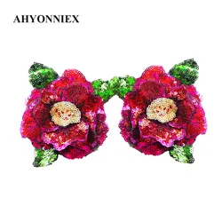 AHYONNIEX 12 x 10.5cm 3D Rose Red Embroidery Flower Patch Good Quality Stickers On Clothes